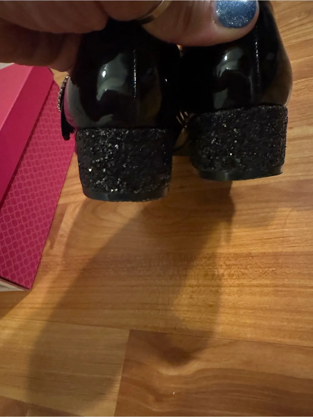 Girls Black Patent Mary Jane Dress Shoes with Rhinestone Buckle and Glitter Heel